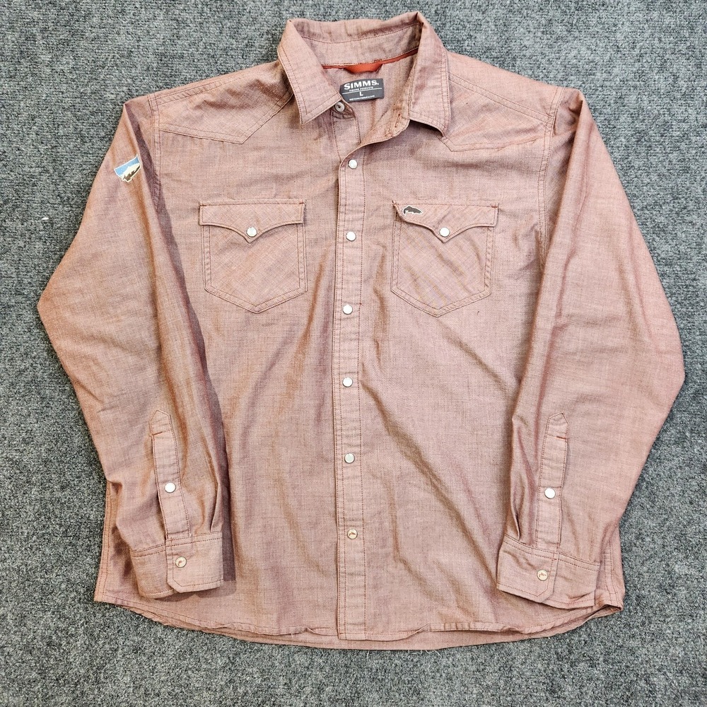 Simms Western Shirt Mens Large Red Solid Snap Front Long Sleeve Fishing Casual